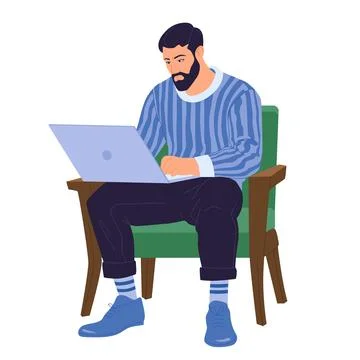 Man working on laptop remote work concept. Illustrazione stock