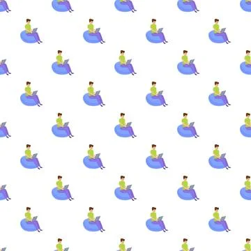 Man working on laptop sitting bean bag seamless pattern Illustrazione stock