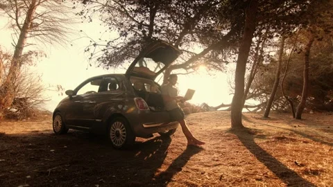 Man Working on Laptop Sitting in Car Trunk Outdoors in Nature at Sunset 動画素材 341939037