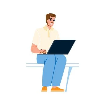 Man working on laptop sitting at table Stock Illustration