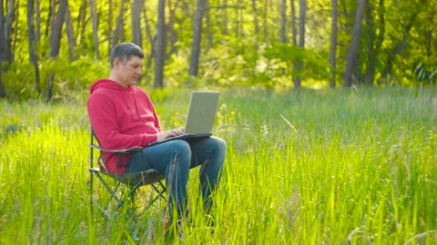 Man working on laptop in summer forest Stock-Footage 154423036