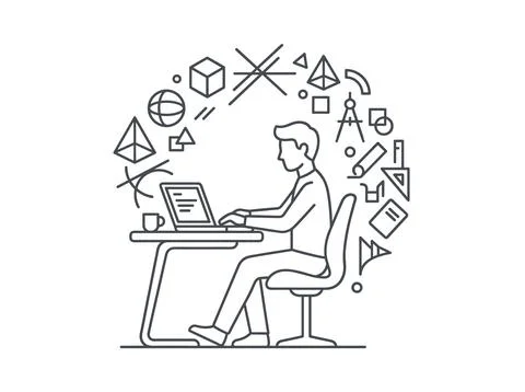 Man working on laptop surrounded by geometric shapes and drafting tools, re.. Stock Illustration