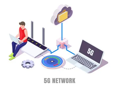 Man working on laptop, testing high speed internet, transferring data. 5g Stock Illustration