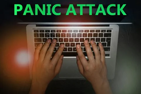 Man working with laptop, top view. Use information safely to avoid panic atta Foto stock