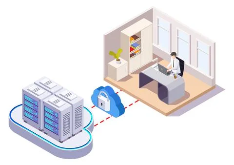 Man working on laptop using cloud system, vector isometric illustration. Data イラスト素材