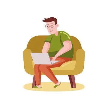 Man working with laptop with vector illustration with flat design. Stock Illustration