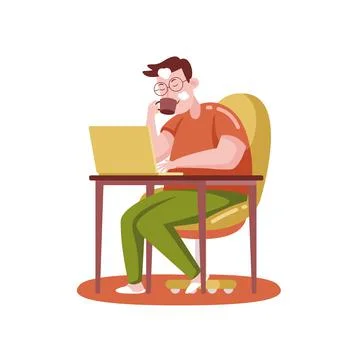 Man working with laptop with vector illustration with flat design. Illustrazione stock