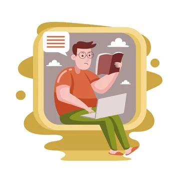 Man working with laptop with vector illustration with flat design. Illustrazione stock