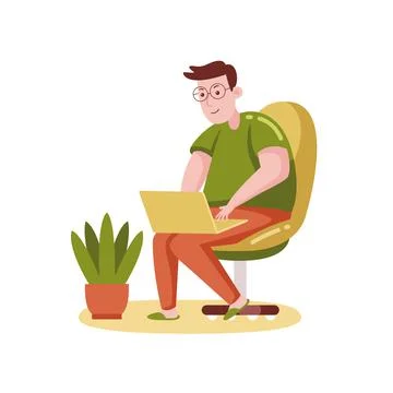 Man working with laptop with vector illustration with flat design. Illustrazione stock