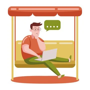 Man working with laptop with vector illustration with flat design. Illustrazione stock