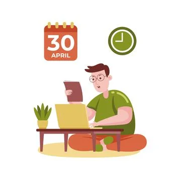 Man working with laptop with vector illustration with flat design. Illustrazione stock