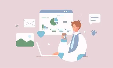 Man Working On Laptop Vector Illustration. Business and Finances Concept. Ilustração Stock