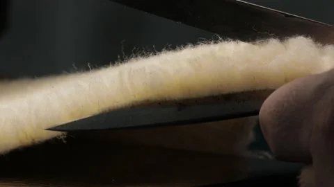 Man working with leather, shoemaker designer fashion work with shoes boots close Stock Footage 143700351