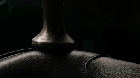 Man working with leather, shoemaker designer fashion work with shoes boots close Stock Footage 143703677