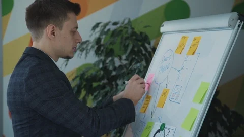 Man working with mark and sticker on special board in modern off Video stock 119461913
