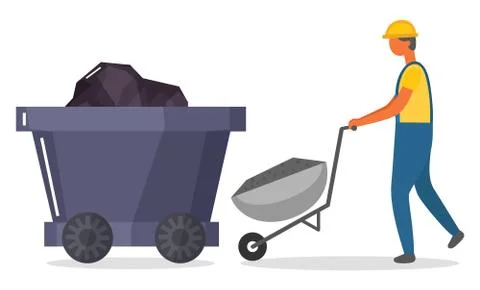 Man Working on Mining Industry, Miner with Cart Stock Illustration