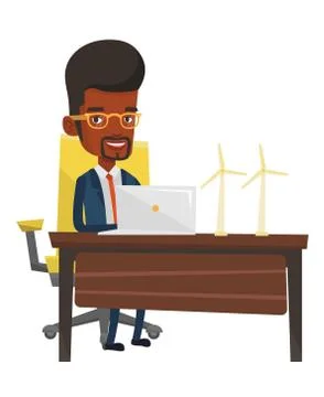 Man working with model wind turbines on the table Stock Illustration