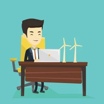 Man working with model of wind turbines Stock Illustration