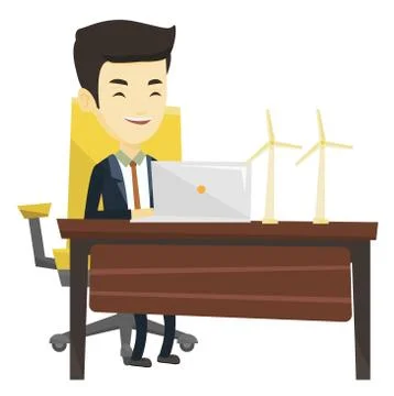 Man working with model of wind turbines Stock Illustration
