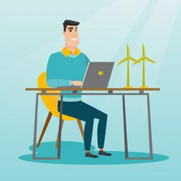 Man working with model of wind turbines. Stock Illustration