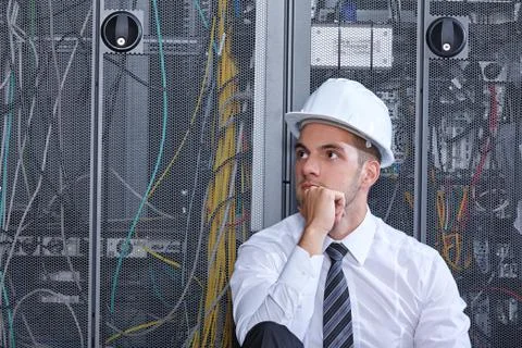 Man working in a modern datacenter server room Stock Photos