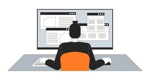 Man working on multiple web interface windows monitor 2D cartoon character Stockillustratie