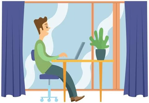 Man working at office with computer at workplace. Employee manager or Stock Illustration