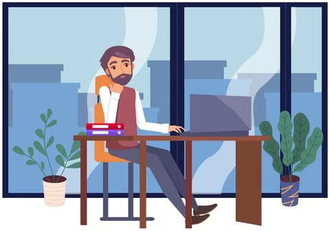 Man working at office with computer at workplace. Employee manager or Stock Illustration
