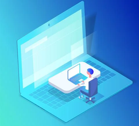 Man working at office with computer at workplace. Employee manager or Stock Illustration
