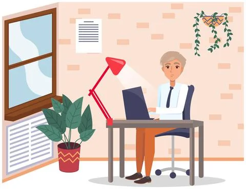 Man working at office with computer at workplace. Employee manager or イラスト素材