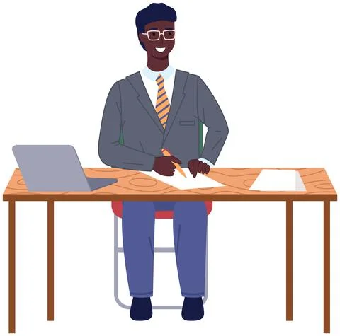 Man working at office with computer at workplace. Employee manager or Stock Illustration