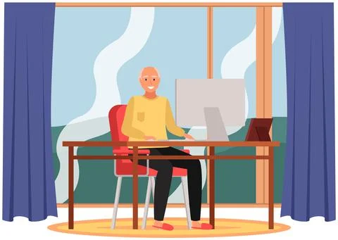 Man working at office with computer at workplace. Employee manager or 스톡 일러스트