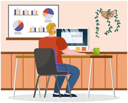 Man working at office with computer at workplace. Employee manager or Stock Illustration