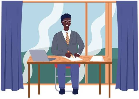 Man working at office with computer at workplace. Employee manager or Stock Illustration