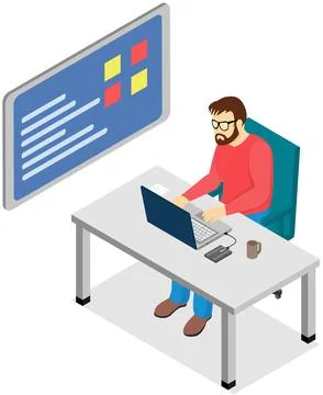Man working at office with computer at workplace. Employee manager or 스톡 일러스트