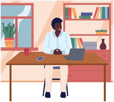 Man working at office with computer at workplace. Employee manager or 스톡 일러스트