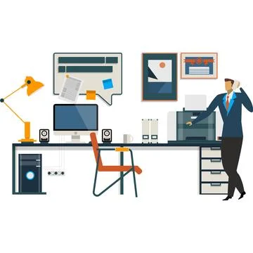 Man working in office flat vector business room Stock Illustration