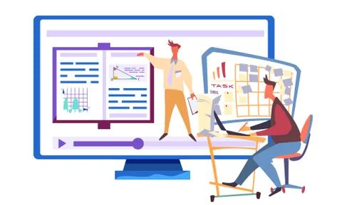 Man working in the office. A man on a computer monitor stands next to a book Stock Illustration