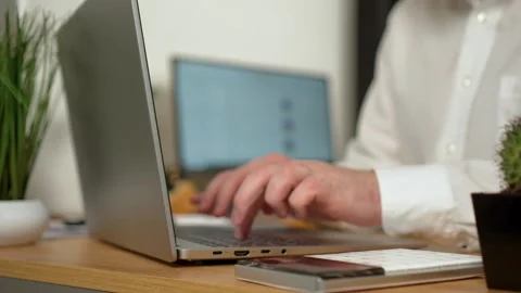 Man Working in Office Open Laptop Computer on Desk close up Stock Footage 265421920