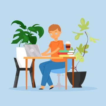 Man working office place vector illustration. Guy character sitting at desk Stock Illustration