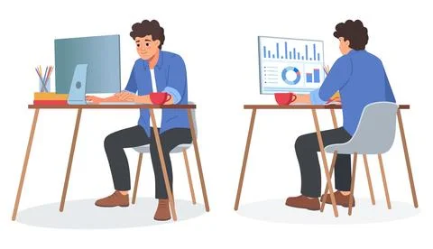 Man working in office. Worker at table. Laptop on desk. Person in front or back Stock Illustration