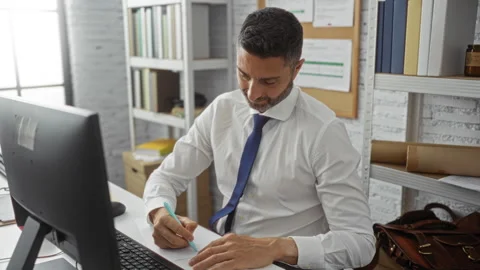 Man working in an office writing notes at his desk, surrounded by books and.. Stock Footage 301681763