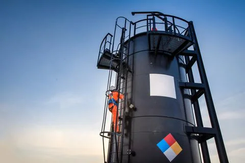 Man working in Oil field site, climb oil tank for working Stock Photos
