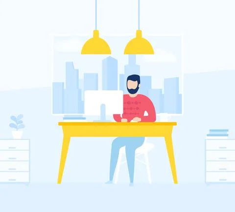Man working in open office space, vector 스톡 일러스트
