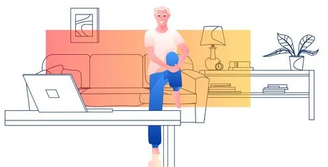 Man working or studying on laptop guy freelancer or student siting on sofa self Stock Illustration