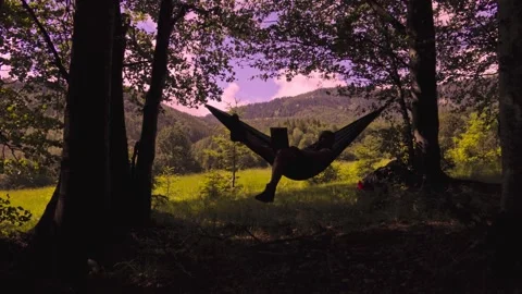 Man working outdoors with laptop in hammock 库存影片 133326889