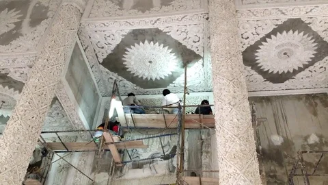 Man Is Working On The Patterned Wall In The Temple Wall Stock Footage 92421766