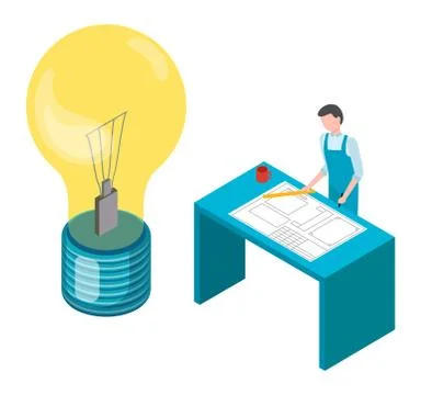 Man Working on Plan, Light Bulb near Architect Ilustración de archivo