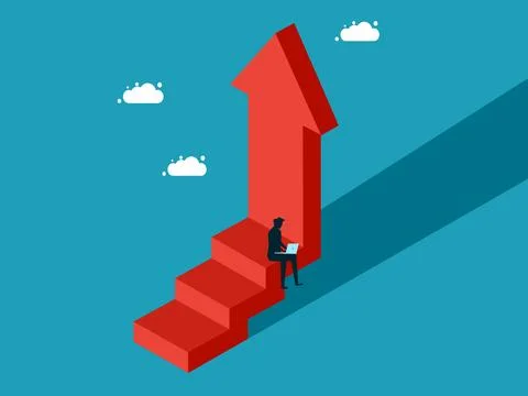 Man working on progress arrow. Continuous and step by step growth. vector ill イラスト素材