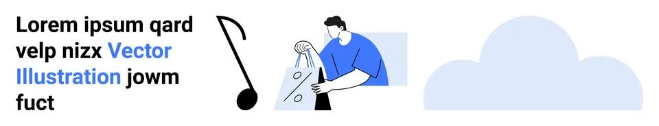 Man Working on Project with Abstract Cloud Illustration and Placeholder Text Stock Illustration